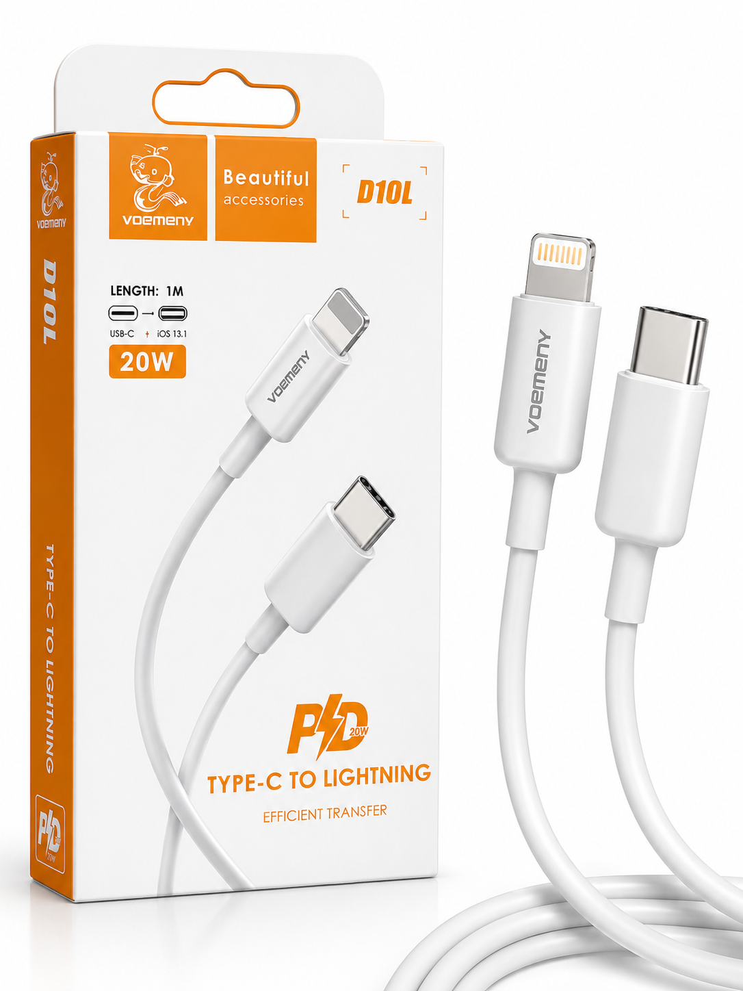 VDENMENV D10L Type-C to Lightning cable, 20W PD fast charging, 1M white — available in Lebanon