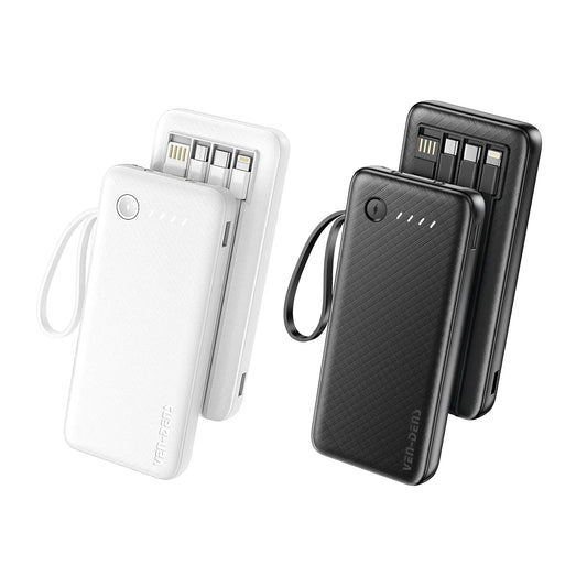 🔋 10000mAh 18W Fast Charging Power Bank with LED Light & Built-in Cables