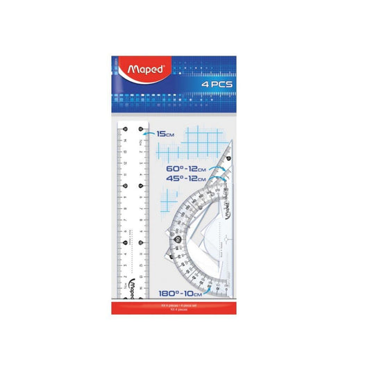 Maped Geometry Set – 4 Pieces (15 cm Ruler & Protractor)