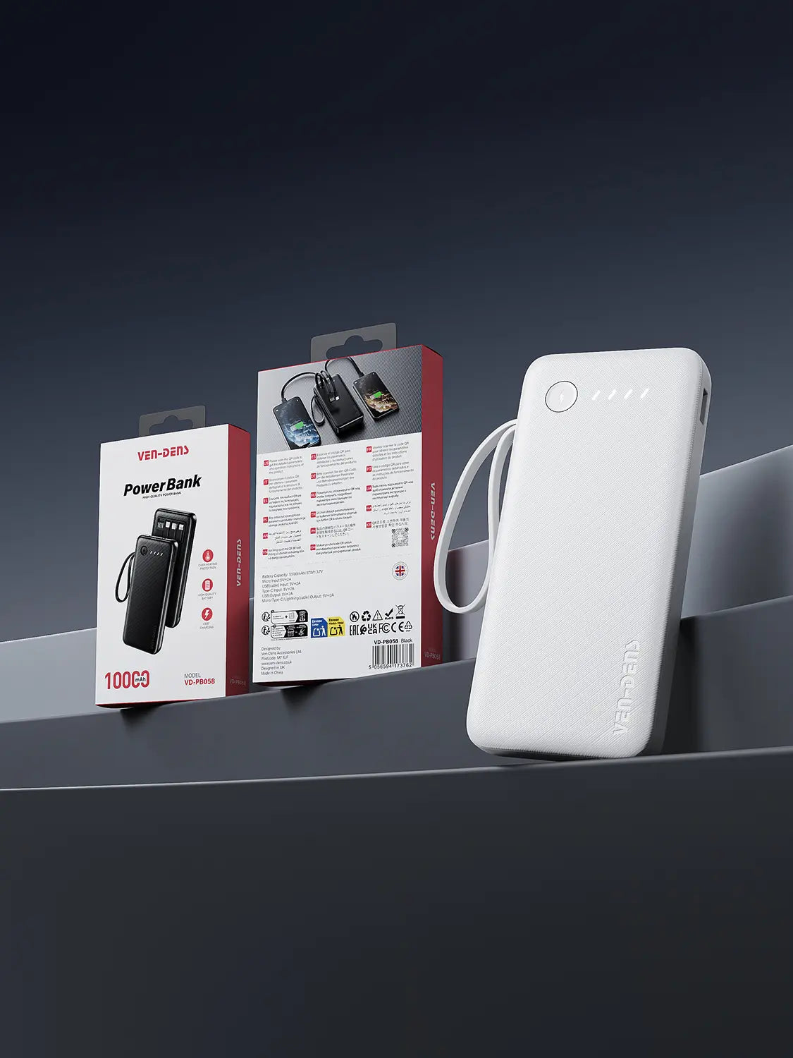 🔋 10000mAh 18W Fast Charging Power Bank with LED Light & Built-in Cables