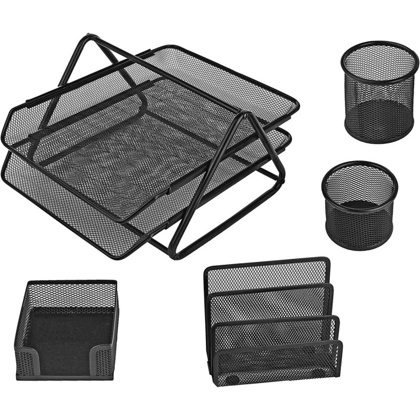 Black Metal Mesh Office Desk Organizer Set – 5 Piece Desktop Storage & File Tray Holder