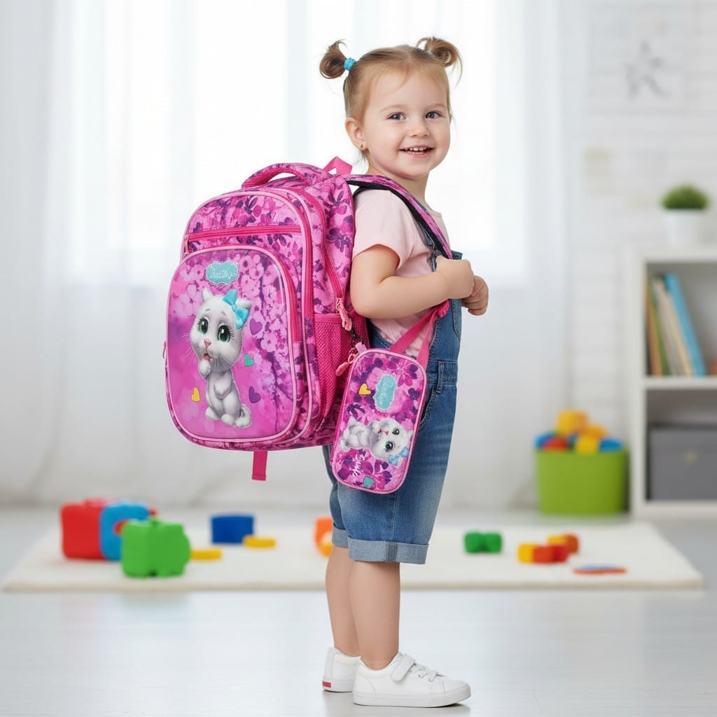 Pink Cat Backpack & Pencil Case Set