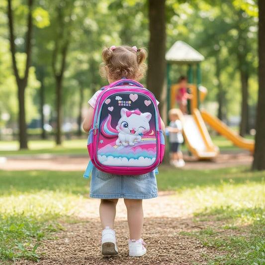 Pink Cat on Rainbow Backpack